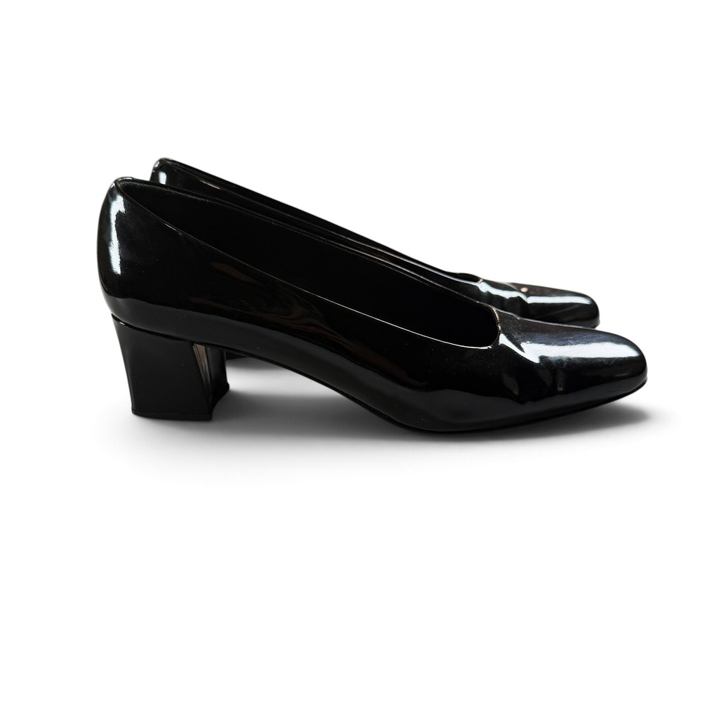 Amalfi Italy Black Patent Leather Square Toe Block Heel Pumps Womens 7.5 AA
